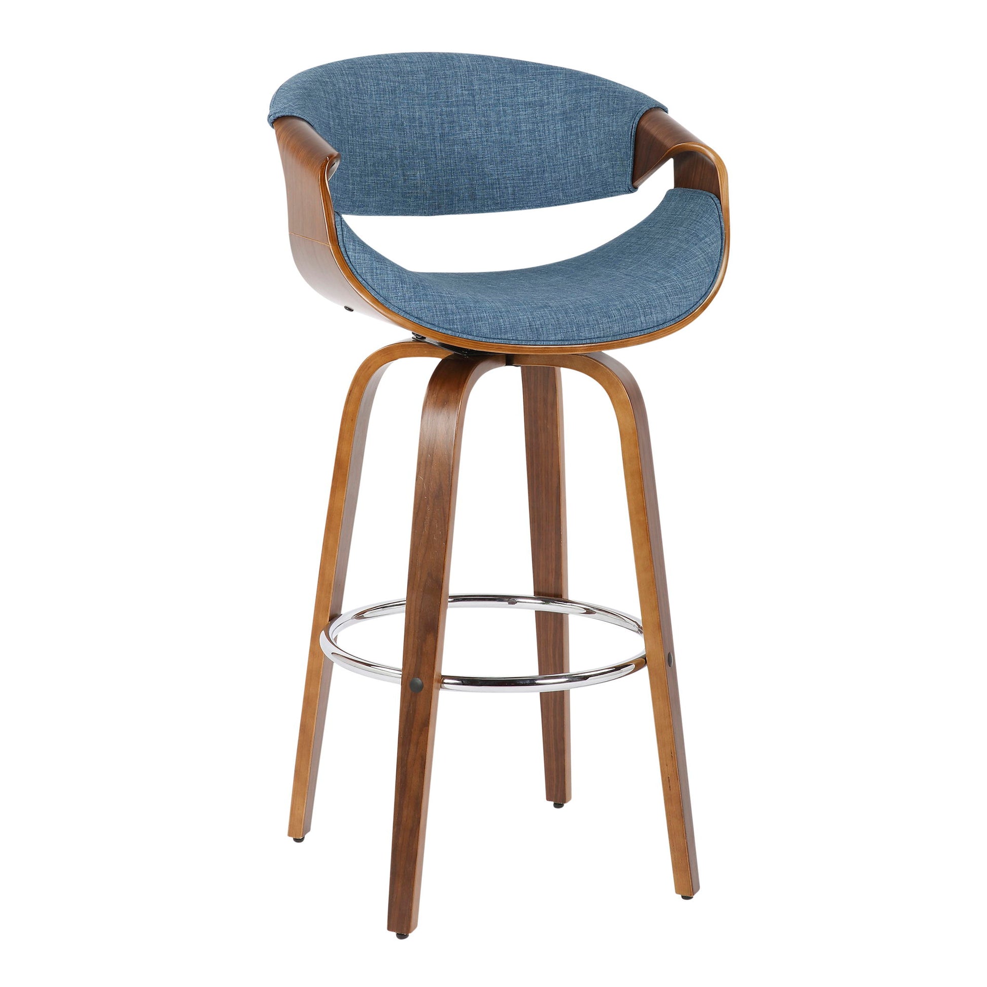 The Curvini Mid-Century Modern Fixed Height Barstool With Swivel (Set of 2) features a curved wooden frame, blue upholstered seat and backrest, metal footrest, and four angled wooden legs.