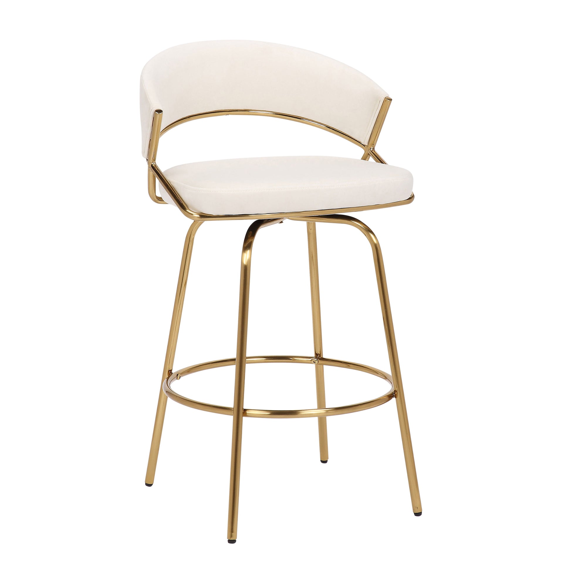 The Jie - Glam Fixed Height Counter Stool (Set of 2) features gold metal legs, a circular footrest, cushioned white seats, and curved backrests upholstered in matching white fabric.