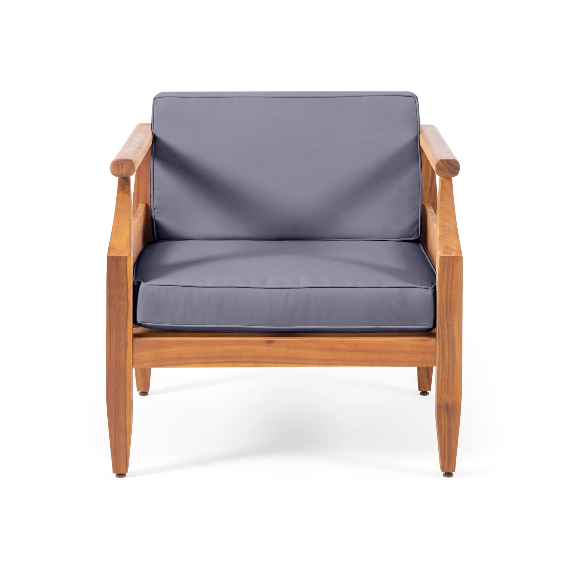 The Outdoor Club Chair With Recessed Arms And Cushions features angled wooden legs, wide armrests, and thick gray seat and back cushions, displayed from the front against a plain white background.