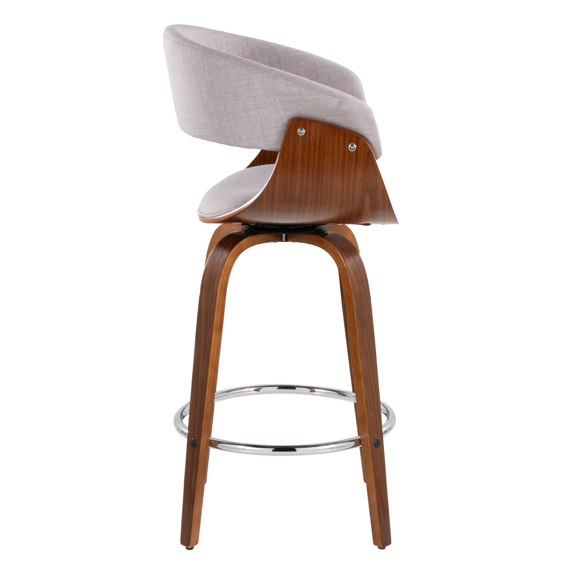 The image shows a side view of the Vintage Mod Mid Century Modern Fixed Height Counter Stool with swivel, round metal footrest, curved wooden frame, light gray upholstered seat and backrest, and four angled legs against a white background.