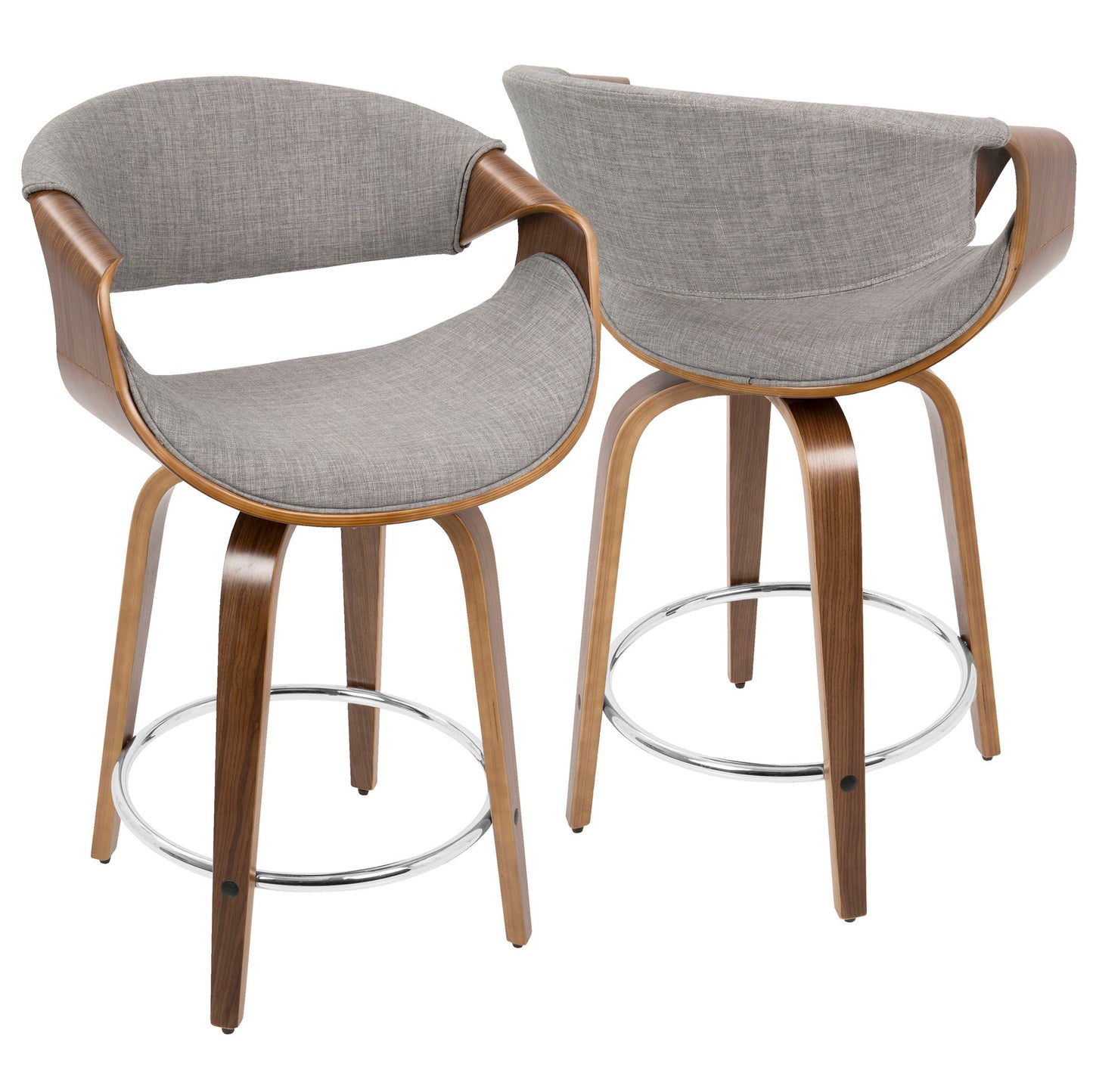 The Curvini set includes two mid-century modern, fixed height counter stools with swivel function, curved wooden frames, gray upholstered seats and backs, metal footrests, and four sturdy wooden legs for a contemporary look.