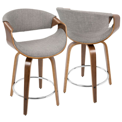 The Curvini set includes two mid-century modern, fixed height counter stools with swivel function, curved wooden frames, gray upholstered seats and backs, metal footrests, and four sturdy wooden legs for a contemporary look.