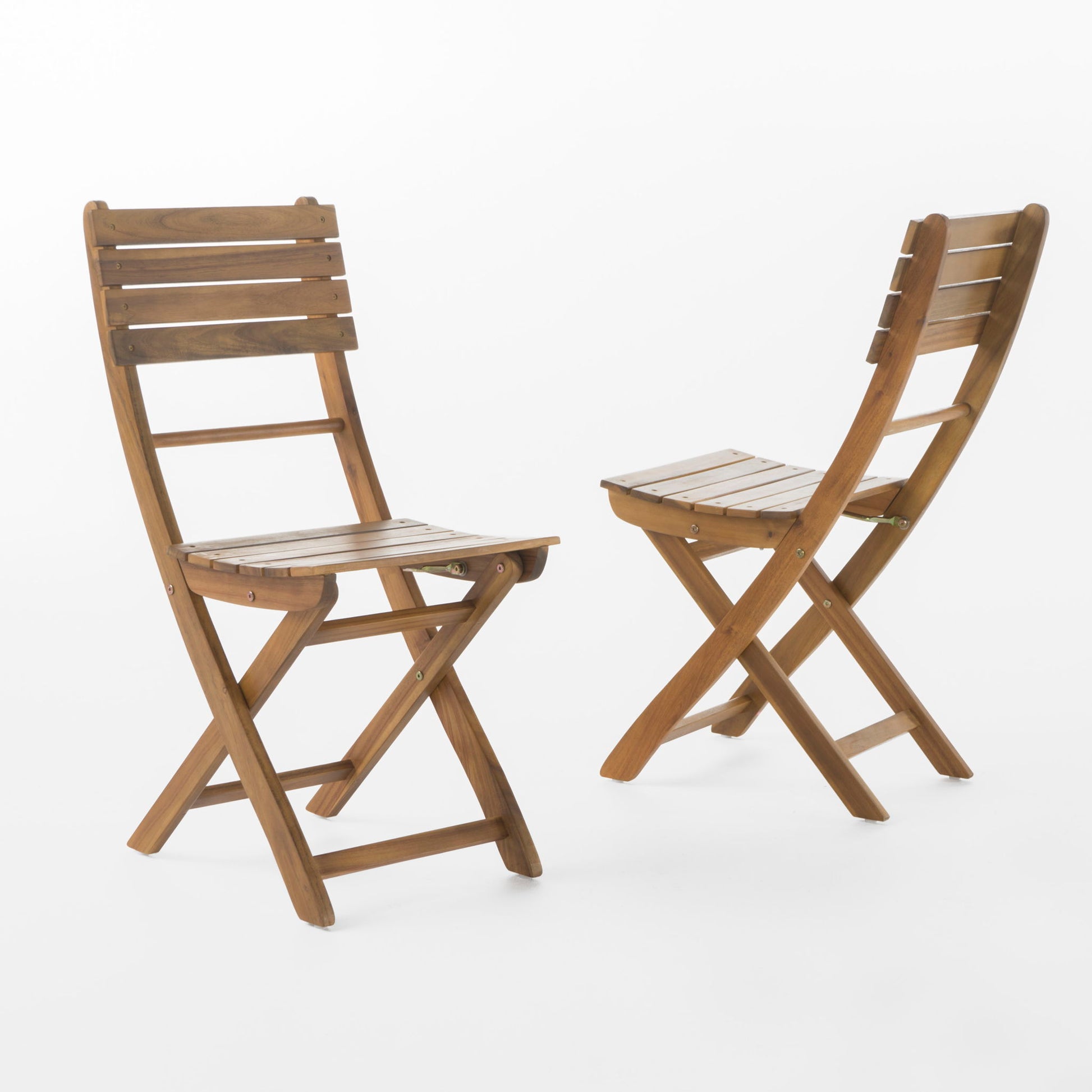A set of two Outdoor Foldable Wood Dining Chairs with a slat design is displayed against a white background—one chair faces forward, while the other is angled to the side.