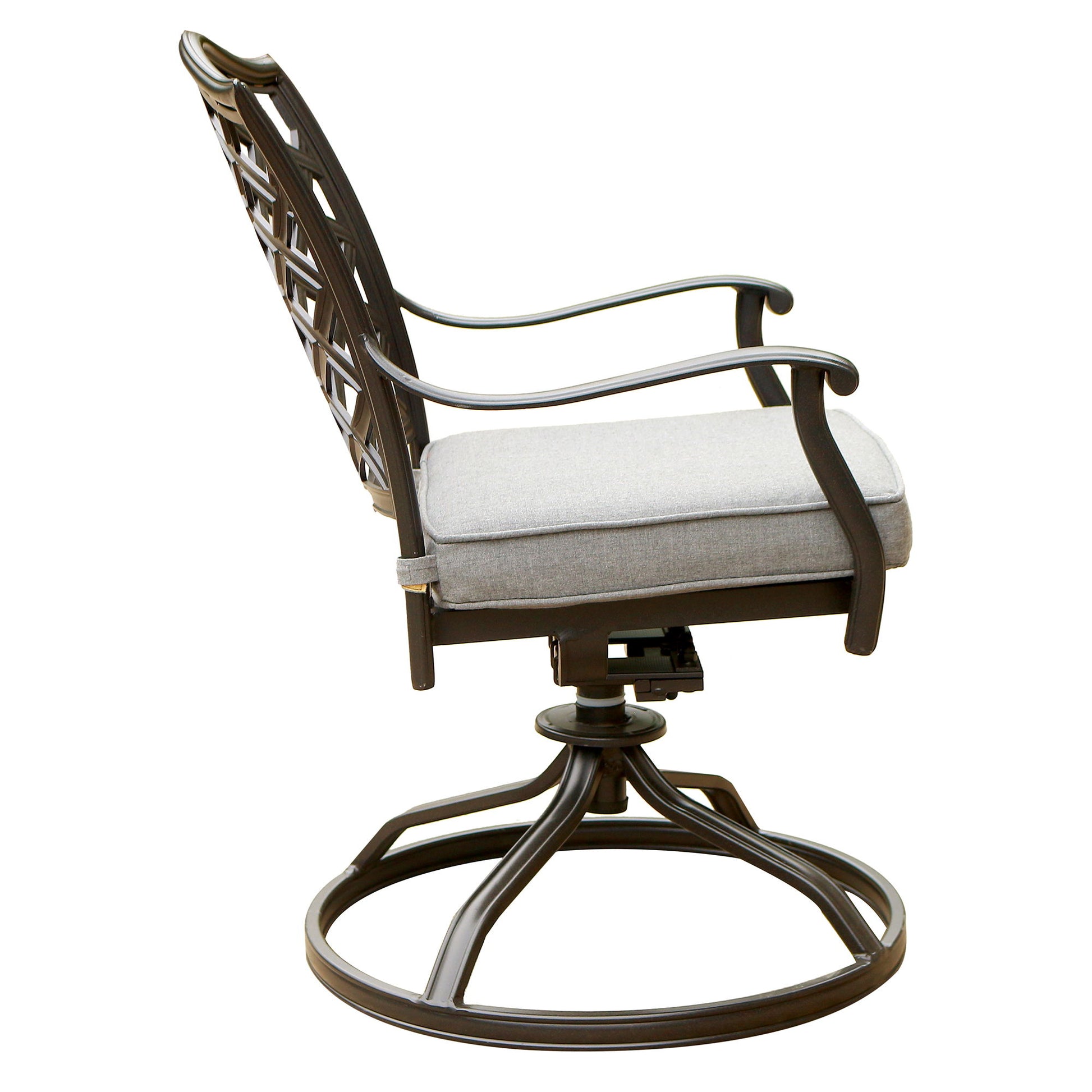 Side view of the Outdoor Patio Aluminum Swivel Rocker Dining Chair with Cushion (Set of 2), featuring curved armrests, a latticed back, thick beige seat cushion, and a circular base.