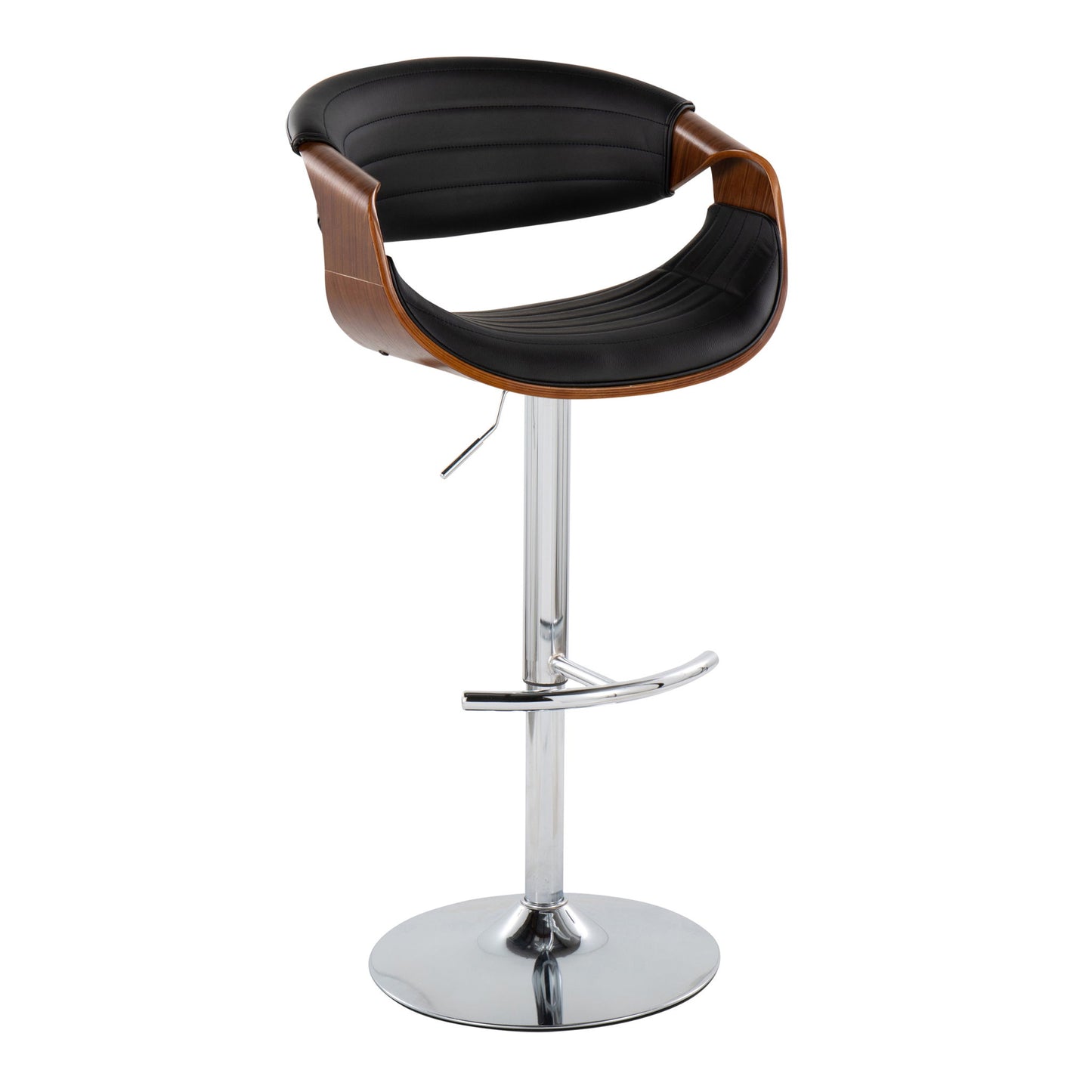 The Symphony Mid Century Modern Adjustable Barstool features a chrome base, curved wooden backrest, black cushioned seat, swivel design, rounded T footrest, and a height-adjustable lever. Sold as a set of 2.