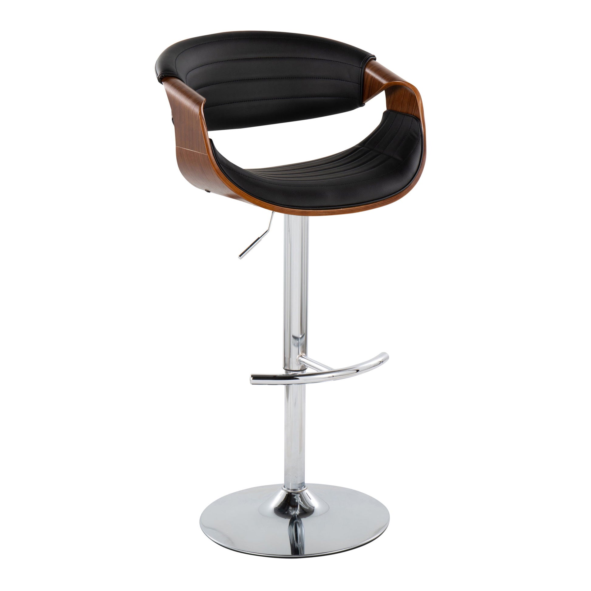 The Symphony Mid Century Modern Adjustable Barstool features a chrome base, curved wooden backrest, black cushioned seat, swivel design, rounded T footrest, and a height-adjustable lever. Sold as a set of 2.