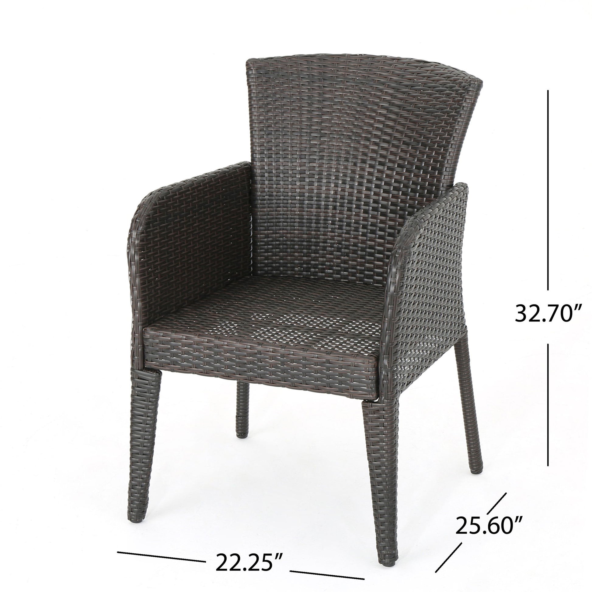 The Anaya Outdoor Wicker Dining Armchair (Set of 2) features dark brown woven rattan, four legs, a curved backrest, and measures 32.70"H x 25.60"D x 22.25"W.
