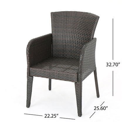 The Anaya Outdoor Wicker Dining Armchair (Set of 2) features dark brown woven rattan, four legs, a curved backrest, and measures 32.70"H x 25.60"D x 22.25"W.