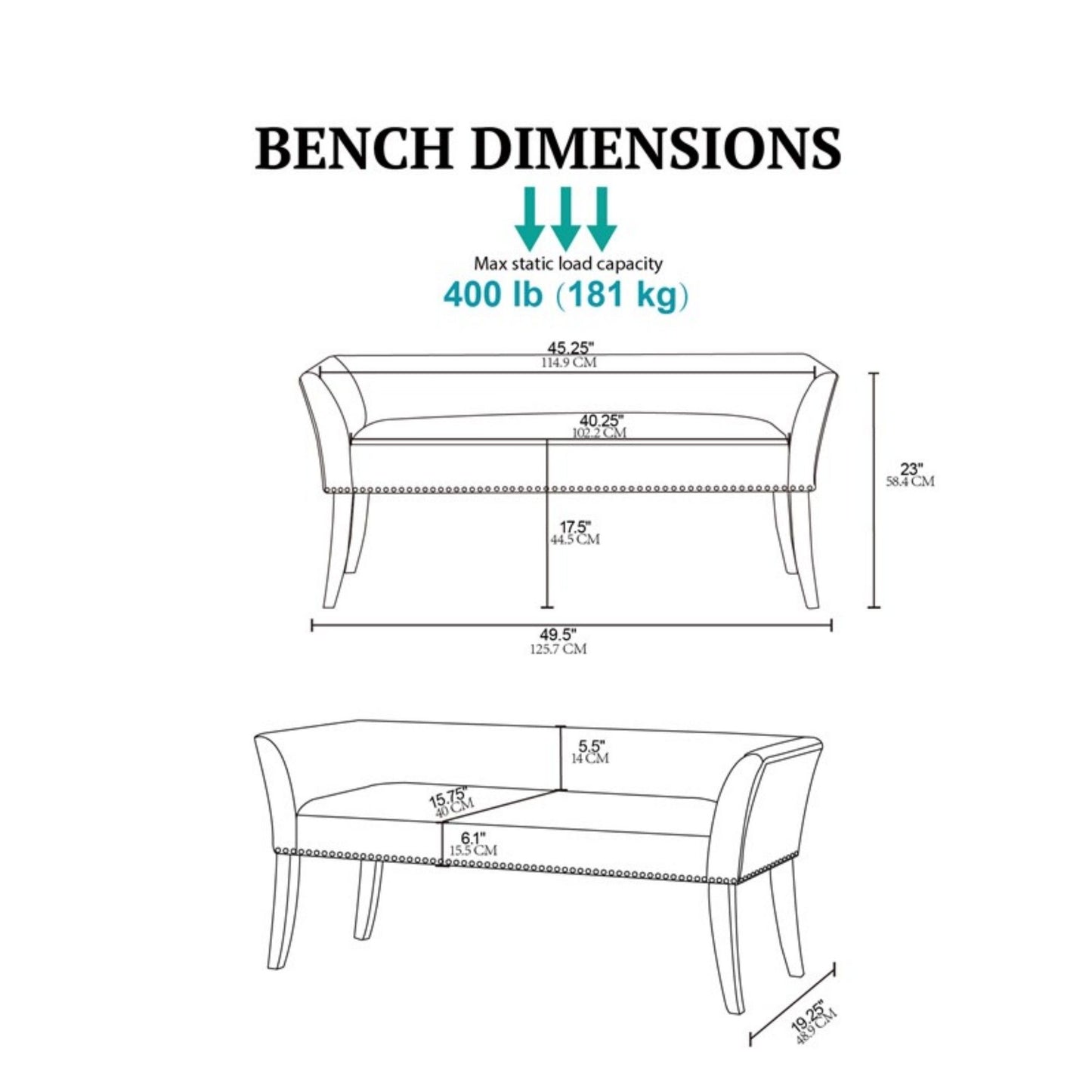 Line drawing of Elegant Design Bench Upholstery, Solid Wood Frame: 45.25"W x 16"D x 23"H; seat 40.25"W x 16"D, seat height 18"; max static load capacity 400 lb (181 kg).