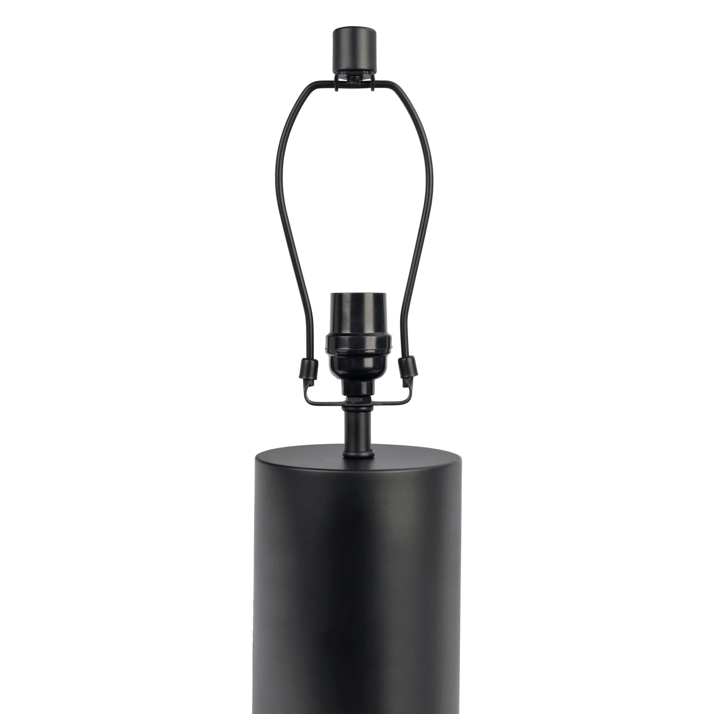 The Aura Table Lamp features a black and white block base, a cylindrical body, an on/off switch, and a harp to support a future lampshade. Lampshade not included.