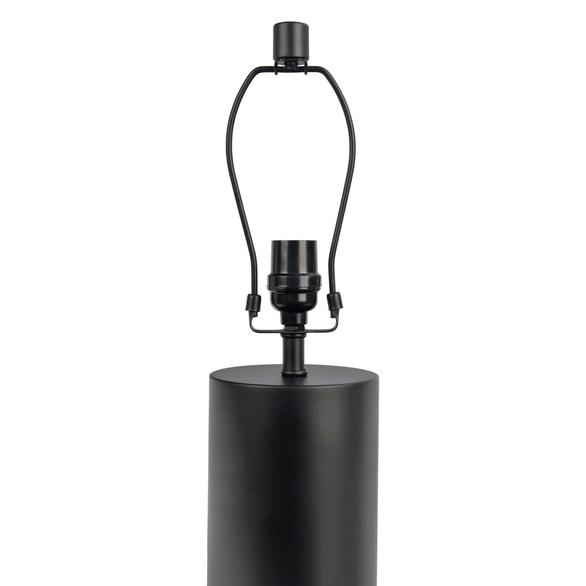 The Aura Table Lamp features a black and white block base, a cylindrical body, an on/off switch, and a harp to support a future lampshade. Lampshade not included.