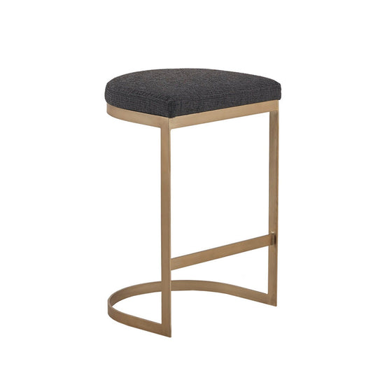 The Counter Stool With Upholstered Seat features a charcoal cushioned seat and an antique gold metal base, offering a modern minimalist design with a curved base.