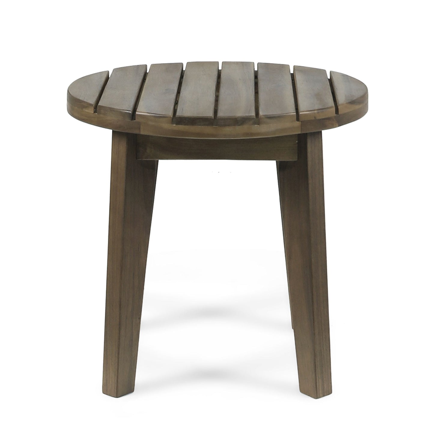 The Outdoor Acacia Wood Side Table features a small, round slatted top and three angled legs for stability, crafted from weather-resistant wood and displayed against a white background.
