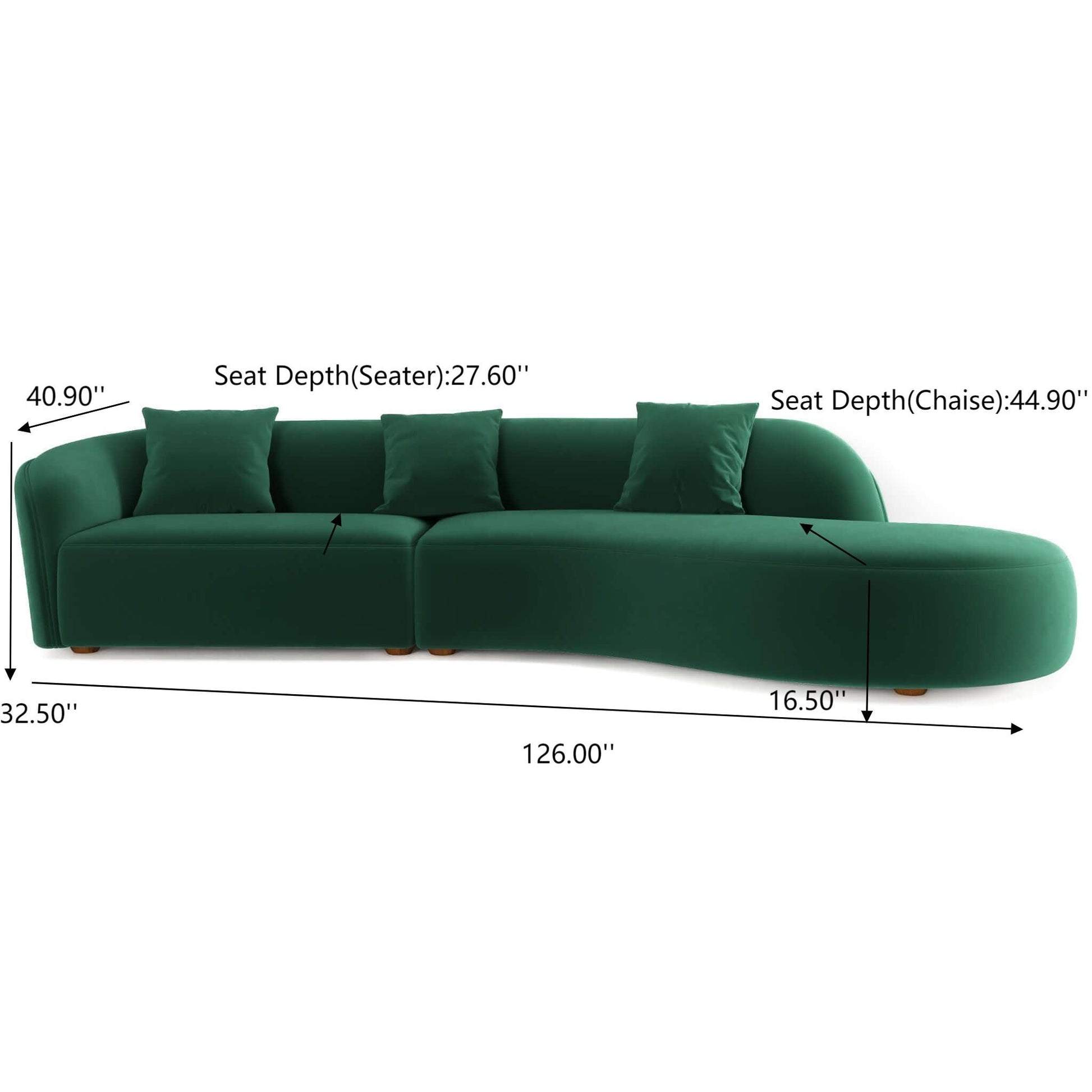 The Elijah Japandi Style Curvy Sectional Sofa comes in green with four matching cushions. Dimensions: 126"W x 32.5"H, seat depth (seater) 27.6", seat depth (chaise) 44.9", and a chaise extension of 16.5".