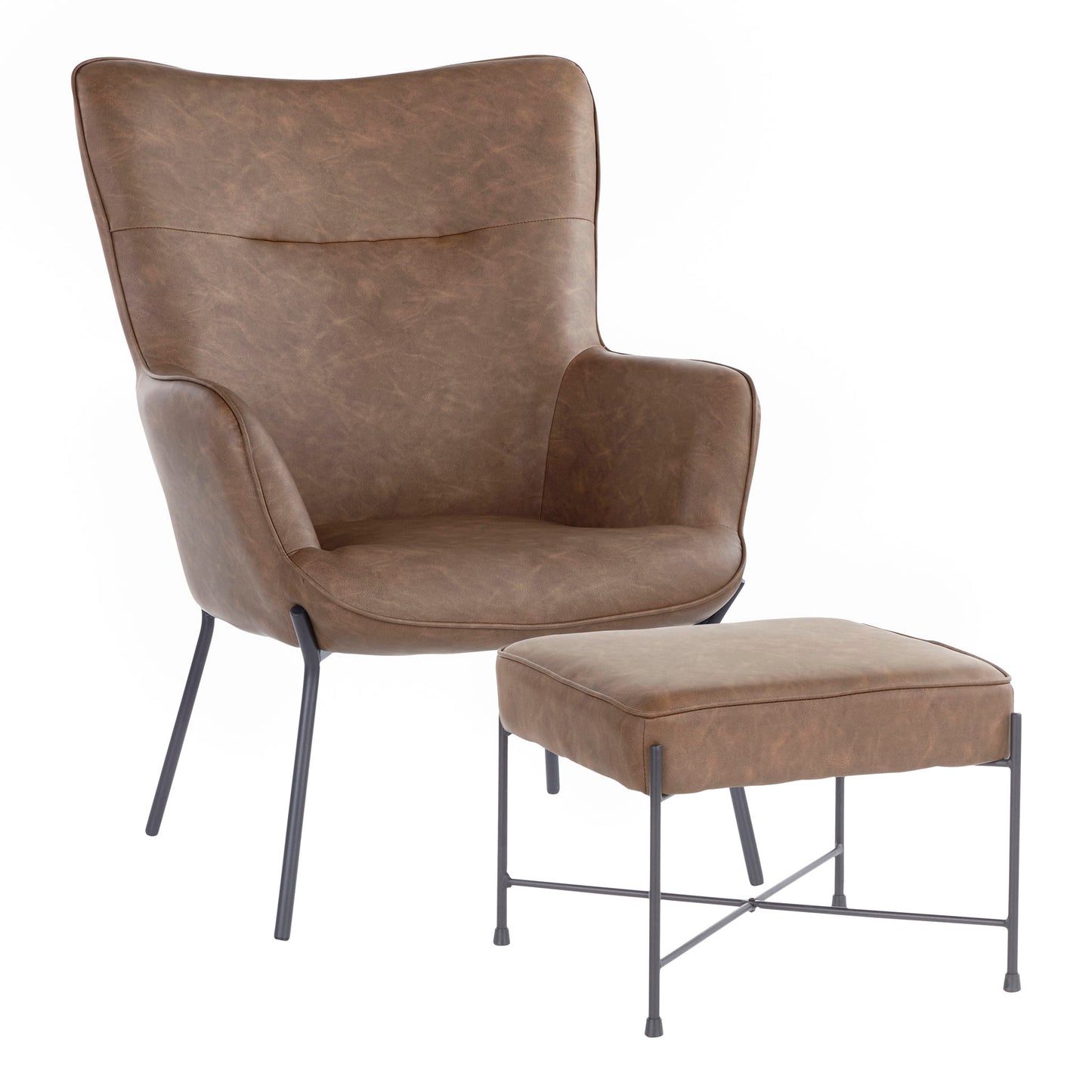 The Izzy - Industrial Lounge Chair & Ottoman Set features a brown leather armchair with a high back, curved armrests, and a matching rectangular ottoman. Both pieces have slim black metal legs and are shown against a white background.