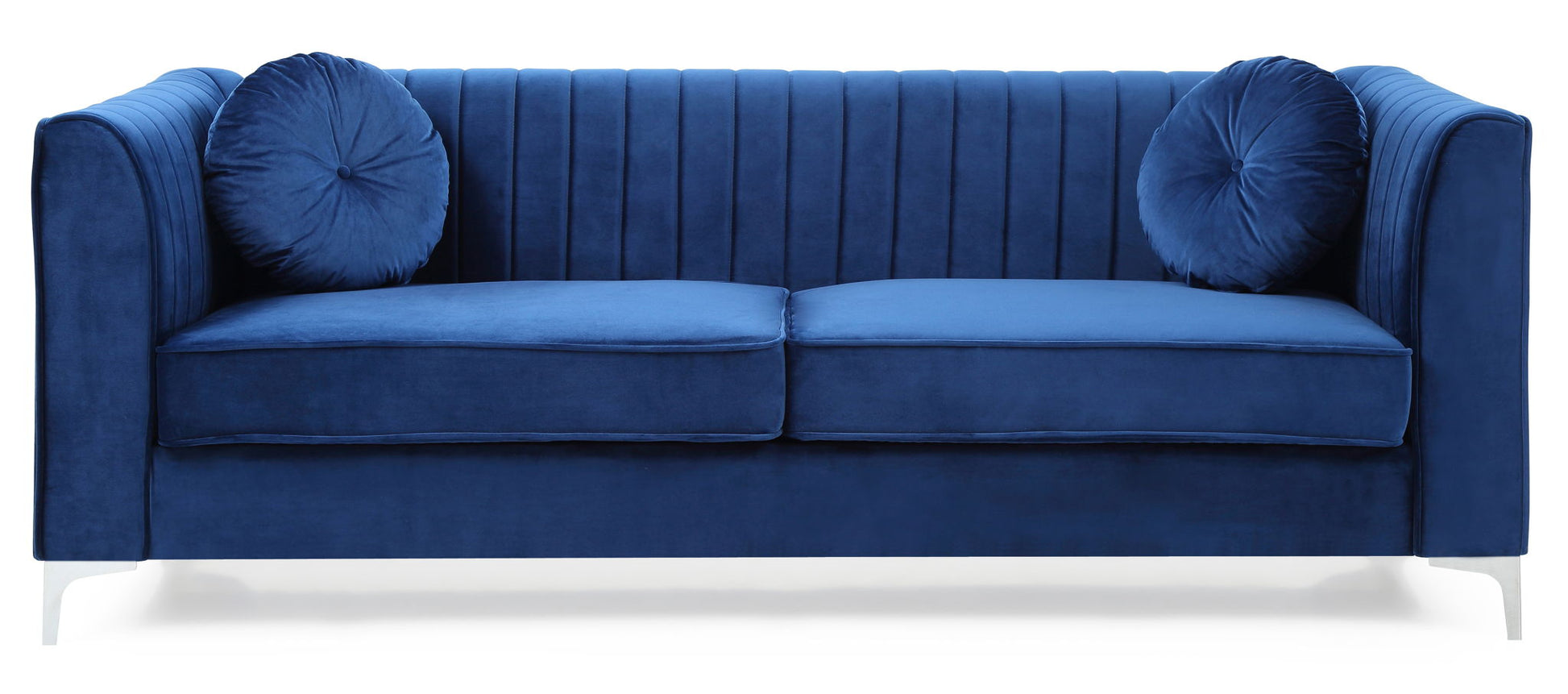 The Delray Micro Suede Sofa features modern blue upholstery, vertical tufted backrest, two seat cushions, and two round blue pillows, shown against a white background.