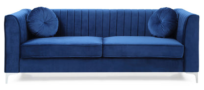 The Delray Micro Suede Sofa features modern blue upholstery, vertical tufted backrest, two seat cushions, and two round blue pillows, shown against a white background.