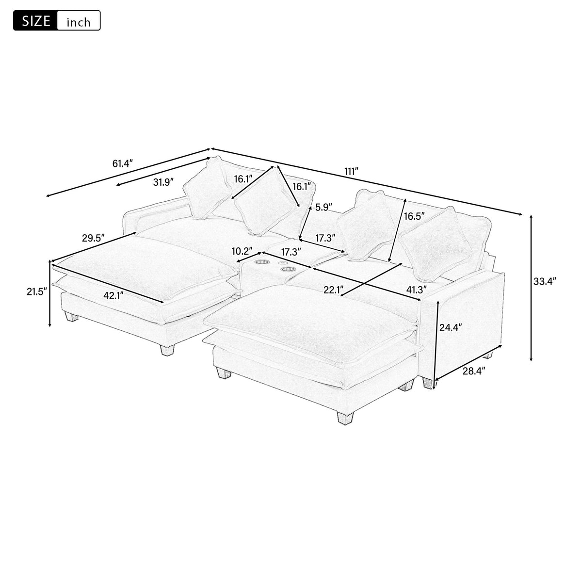 Sectional Sofa With Removable Ottomans, USB Ports, Cup Holders & Storage - Gray / Light Blue