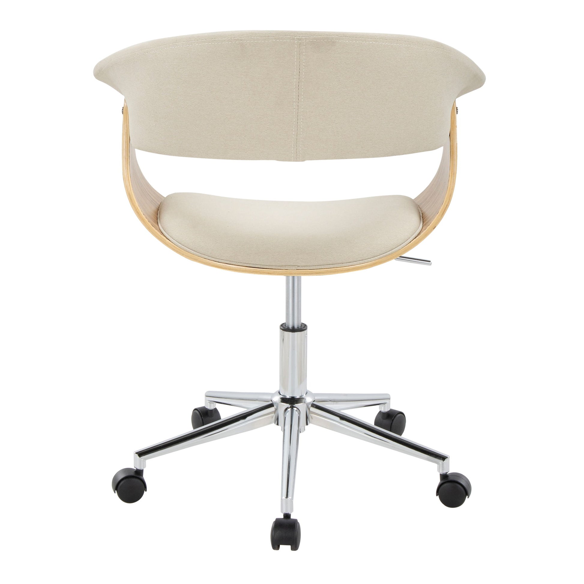 Back view of the Vintage Mod - Mid-Century Modern Office Chair, featuring a beige padded seat and backrest, curved wooden frame, chrome five-wheel base, and an adjustable height lever on the right side.