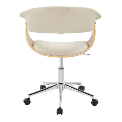 Back view of the Vintage Mod - Mid-Century Modern Office Chair, featuring a beige padded seat and backrest, curved wooden frame, chrome five-wheel base, and an adjustable height lever on the right side.