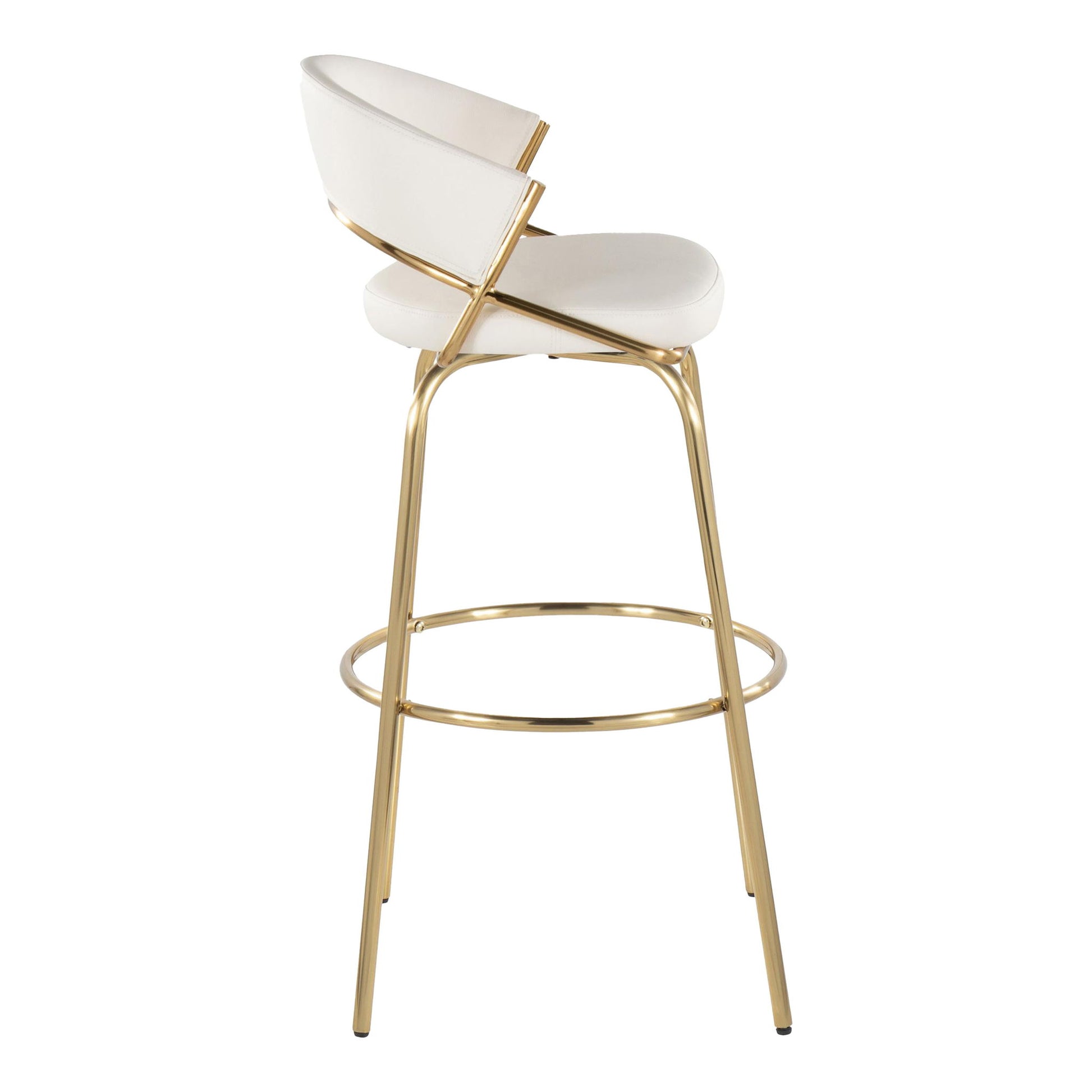 The Jie Fixed Height Contemporary Barstool (Set of 2) features a white cushioned seat and backrest, sleek gold metal legs, a round footrest, swivel function, angled lines, and a minimalist design.