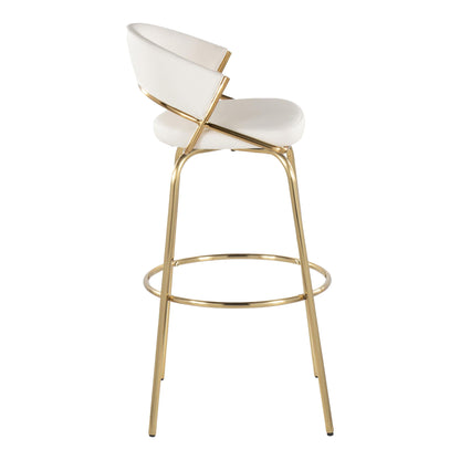 The Jie Fixed Height Contemporary Barstool (Set of 2) features a white cushioned seat and backrest, sleek gold metal legs, a round footrest, swivel function, angled lines, and a minimalist design.