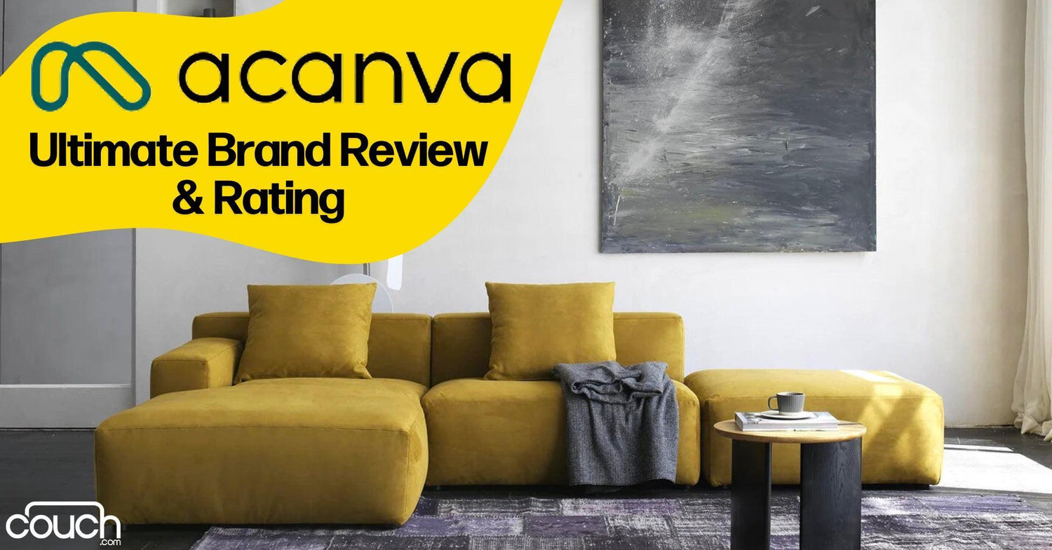 A modern living room with a mustard yellow sectional sofa, a gray blanket, and a round wooden coffee table. A large abstract painting hangs on the wall, and a patterned rug covers the floor. Text overlay reads: "acanva Ultimate Brand Review & Rating".