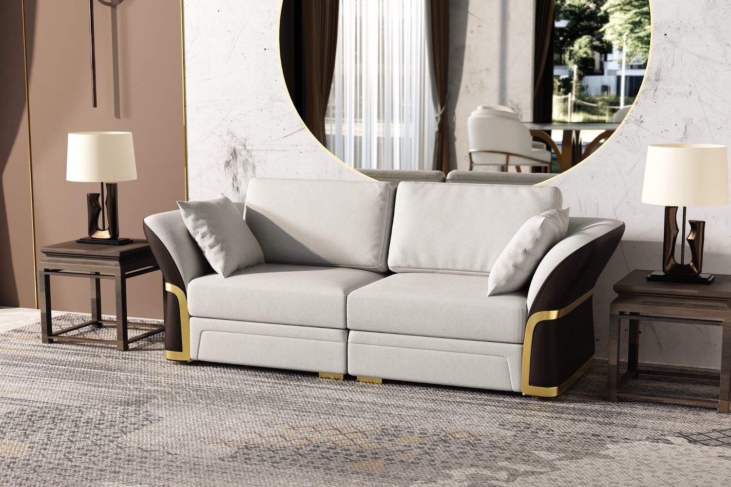 A modern living room with a beige sofa, two cushions, and a large round mirror reflecting a window view. Two wooden side tables with cream-colored lamps flank the sofa, all set on a patterned carpet.