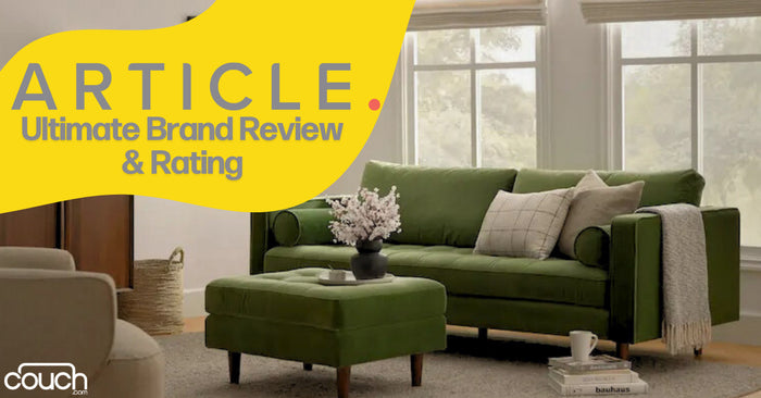 A cozy living room featuring a green sofa and matching ottoman, with a vase of flowers on the ottoman. Large windows allow soft natural light. Text overlay reads, "ARTICLE. Ultimate Brand Review & Rating" with the Couch logo in the bottom left corner.
