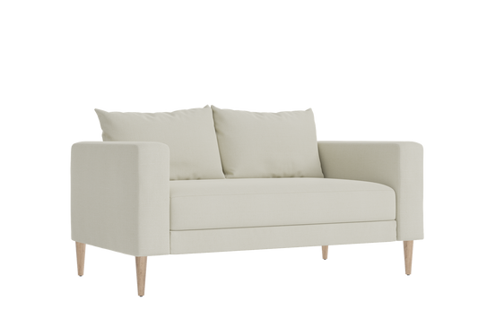 Introducing "The Essential Loveseat," a stylish contemporary beige piece featuring two back cushions and wooden legs, elegantly showcased against a black background.