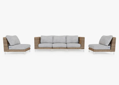 A five-seat outdoor furniture set on a white background, featuring a sofa and two armless chairs with brown wicker frames and soft gray cushions, creating a modern and comfortable seating arrangement.
