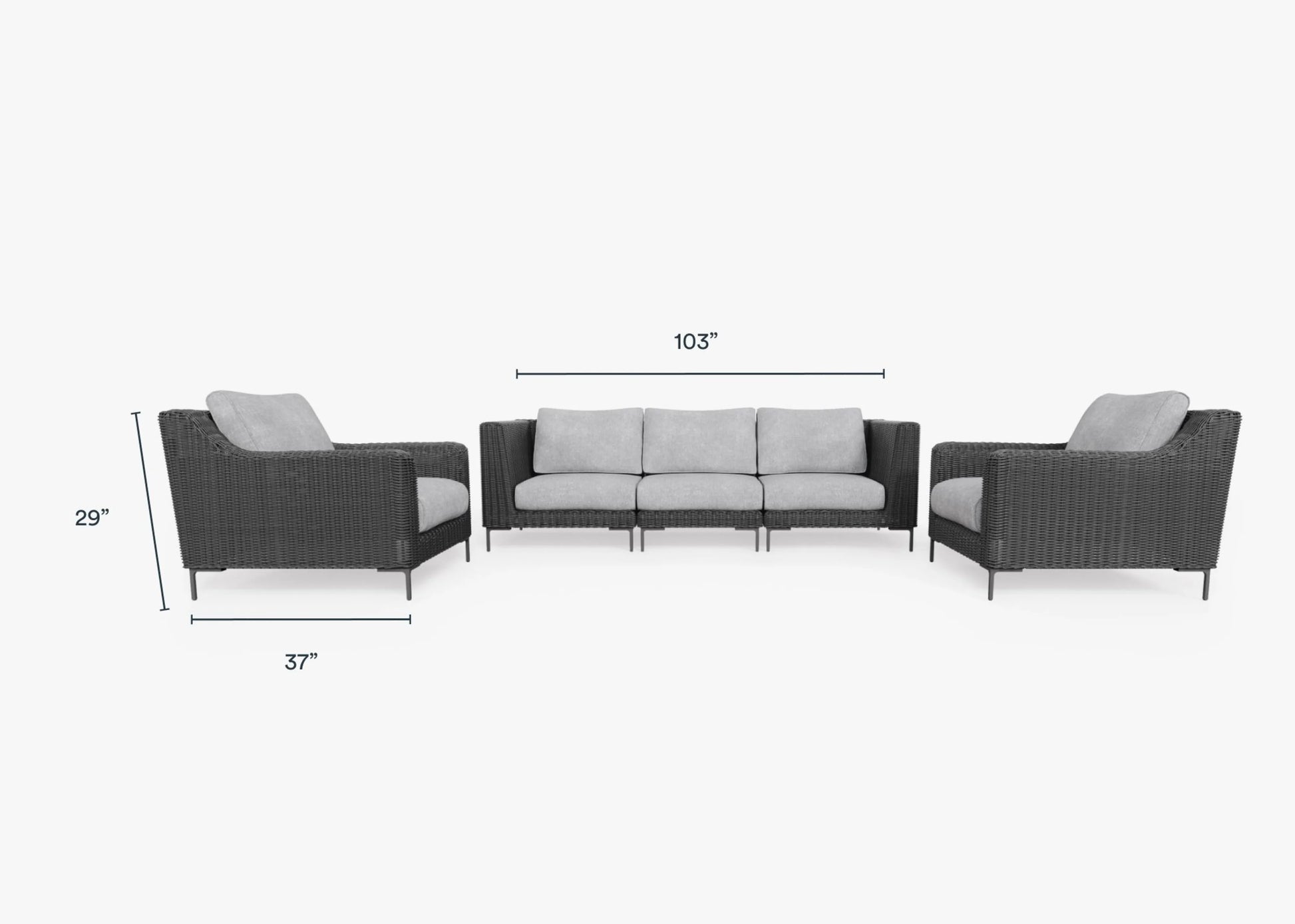 The Black Wicker Outdoor Sofa with Armchairs - Five Seat includes a three-seater sofa and two single armchairs, featuring black rattan with gray cushions. The dimensions for the three-seater are 103 inches wide and 29 inches high, while each armchair is 37 inches deep.