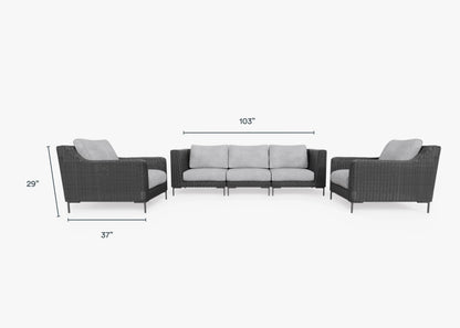 The Black Wicker Outdoor Sofa with Armchairs - Five Seat includes a three-seater sofa and two single armchairs, featuring black rattan with gray cushions. The dimensions for the three-seater are 103 inches wide and 29 inches high, while each armchair is 37 inches deep.