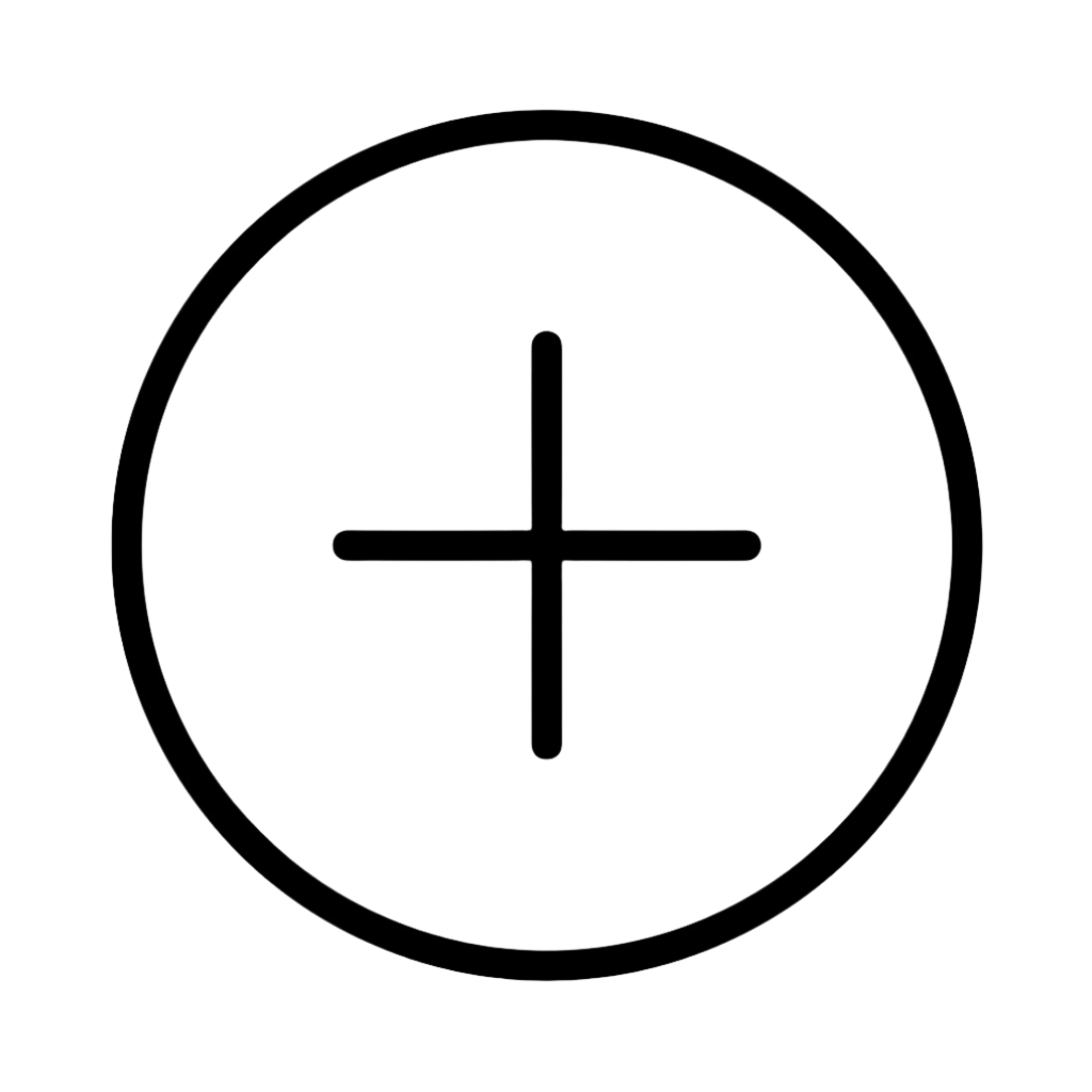 A circular icon with a plus sign in the center, enclosed by a thin border. The design is simple and monochrome.
