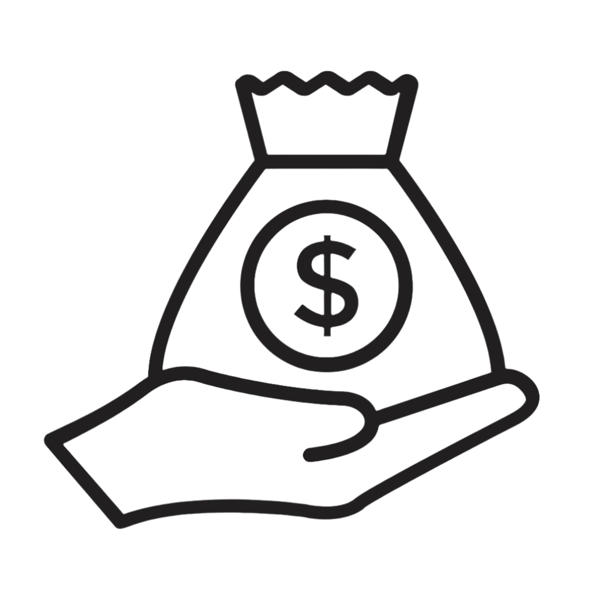 Icon of a hand holding a money bag with a dollar sign on it. The design is simple and outlined in black.