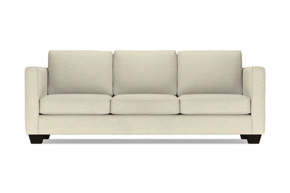 Introducing the Catalina Sofa: a three-seater in beige with square cushions and armrests, featuring black wooden legs, elegantly showcased against a white background.
