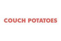 The image features the words "COUCH POTATOES" in bold, uppercase red letters against a plain white background.