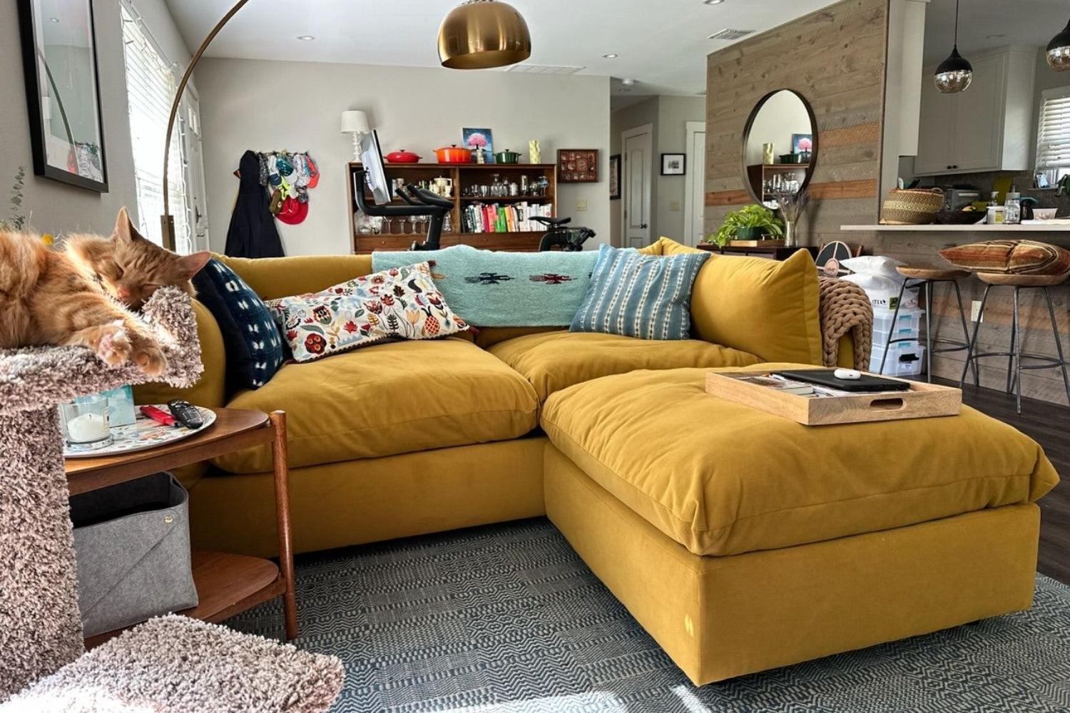 A cozy living room features a mustard yellow sectional sofa with patterned cushions. A brown tray with a black vase sits on the sofa. A fluffy orange cat rests on a cat tree. The room has a modern design with wooden accents and a kitchen in the background.