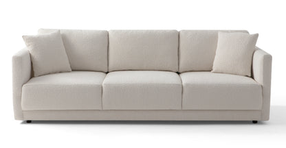 A contemporary Domus 93" Leather Sofa in white with a textured fabric finish, showcasing three seat cushions and two matching throw pillows, set against a plain background.