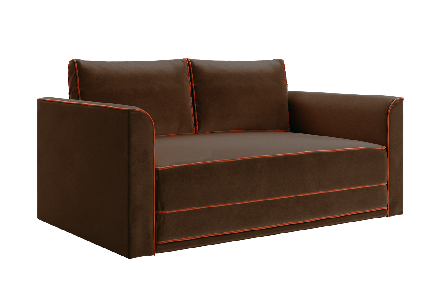 The Eclipse Sofa in Recycled Velvet is a brown two-seater with orange piping, square arms, and cushioned backrest and seat.