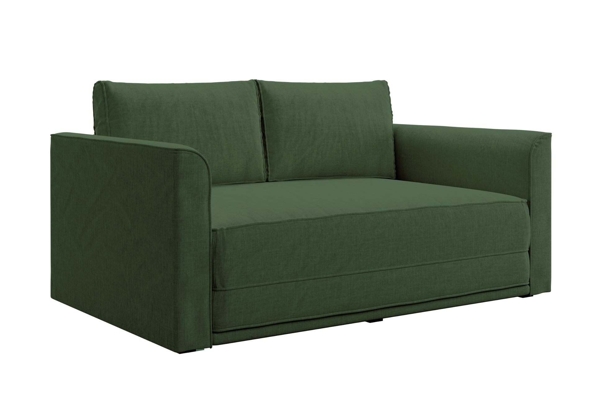 The Eclipse Sofa in Hemp: a modern loveseat in deep green with thick cushions, wide armrests, and fabric upholstery, shown at an angle against a plain white background.