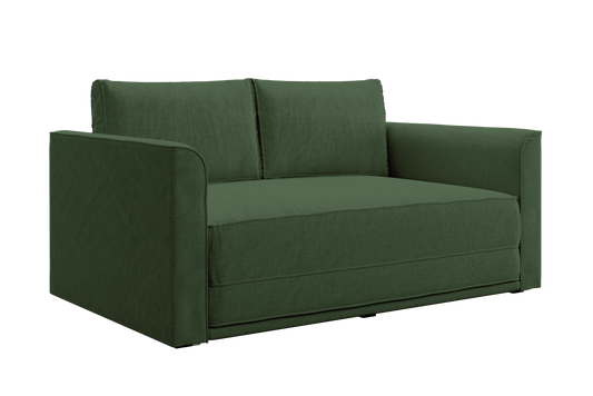 The Eclipse Sofa in Hemp: a modern loveseat in deep green with thick cushions, wide armrests, and fabric upholstery, shown at an angle against a plain white background.