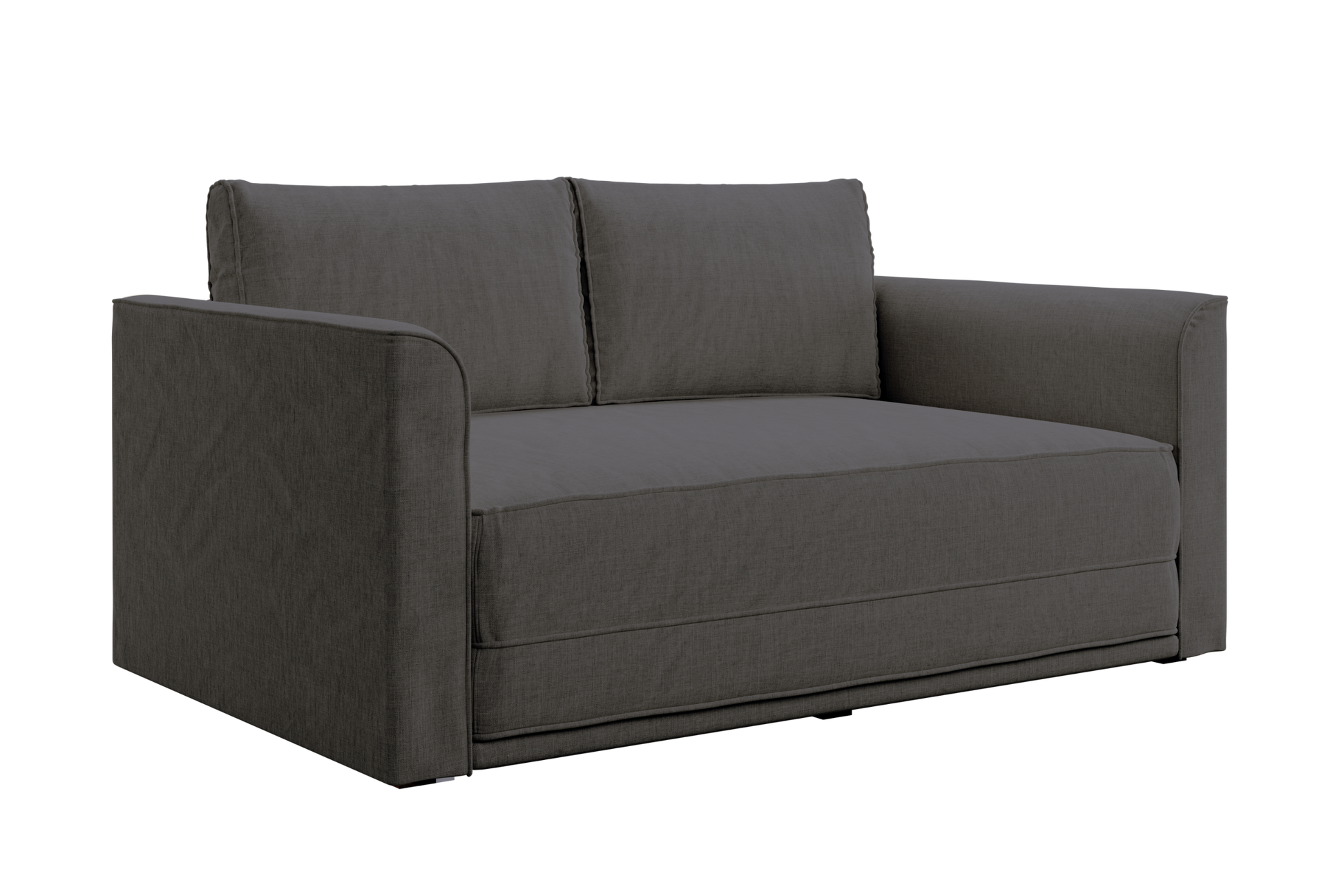 The Eclipse Sofa in Hemp is a modern, dark gray loveseat with two back cushions and wide armrests, upholstered in fabric and shown against a plain white background.