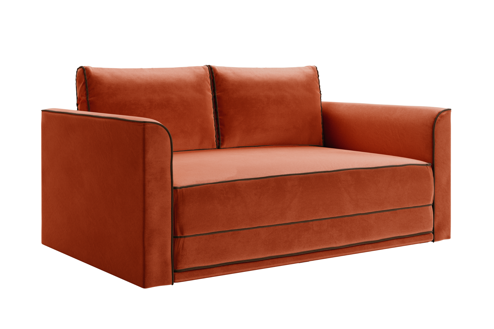 The Eclipse Sofa in Recycled Velvet is a modern orange loveseat featuring wide armrests, two back cushions, and black piping along the edges, set against a white background.