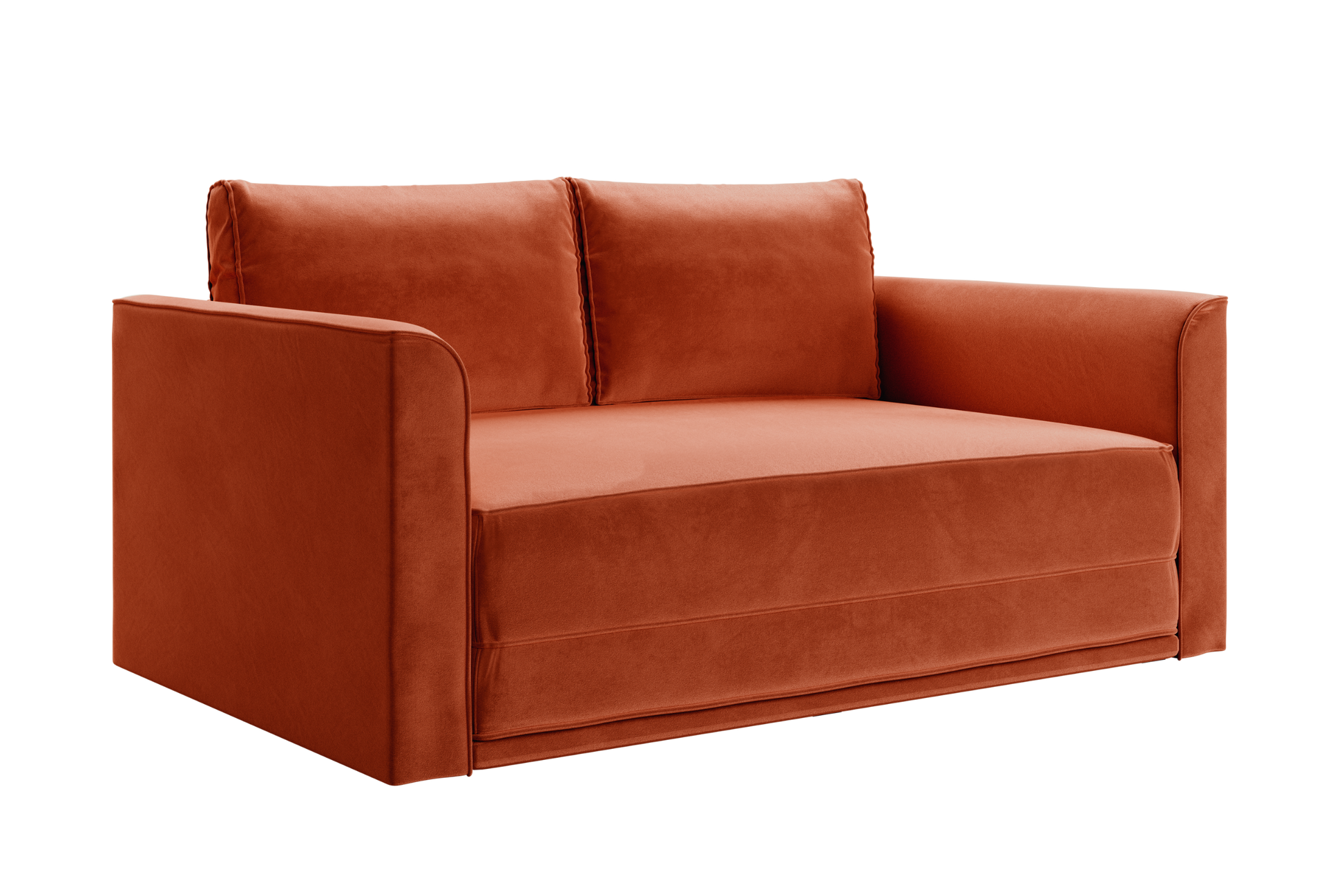 The Eclipse Sofa in Recycled Velvet is a modern orange two-seater with rectangular armrests and plush back cushions, upholstered in soft recycled velvet.