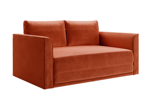 The Eclipse Sofa in Recycled Velvet is a modern orange two-seater with rectangular armrests and plush back cushions, upholstered in soft recycled velvet.