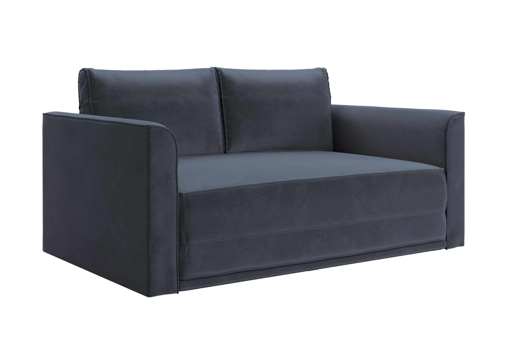 The Eclipse Sofa in Recycled Velvet is a modern dark gray loveseat with two seat and back cushions, straight armrests, and a minimalist design.