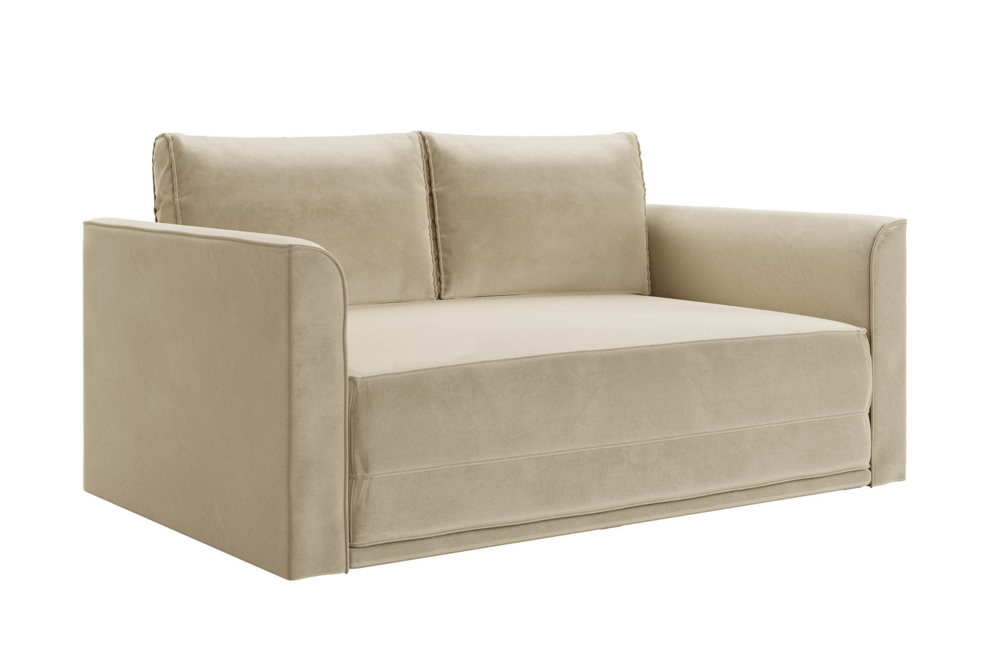 The Eclipse Sofa in Recycled Velvet is a beige upholstered loveseat with two seat cushions, two back cushions, and straight armrests, shown against a white background.