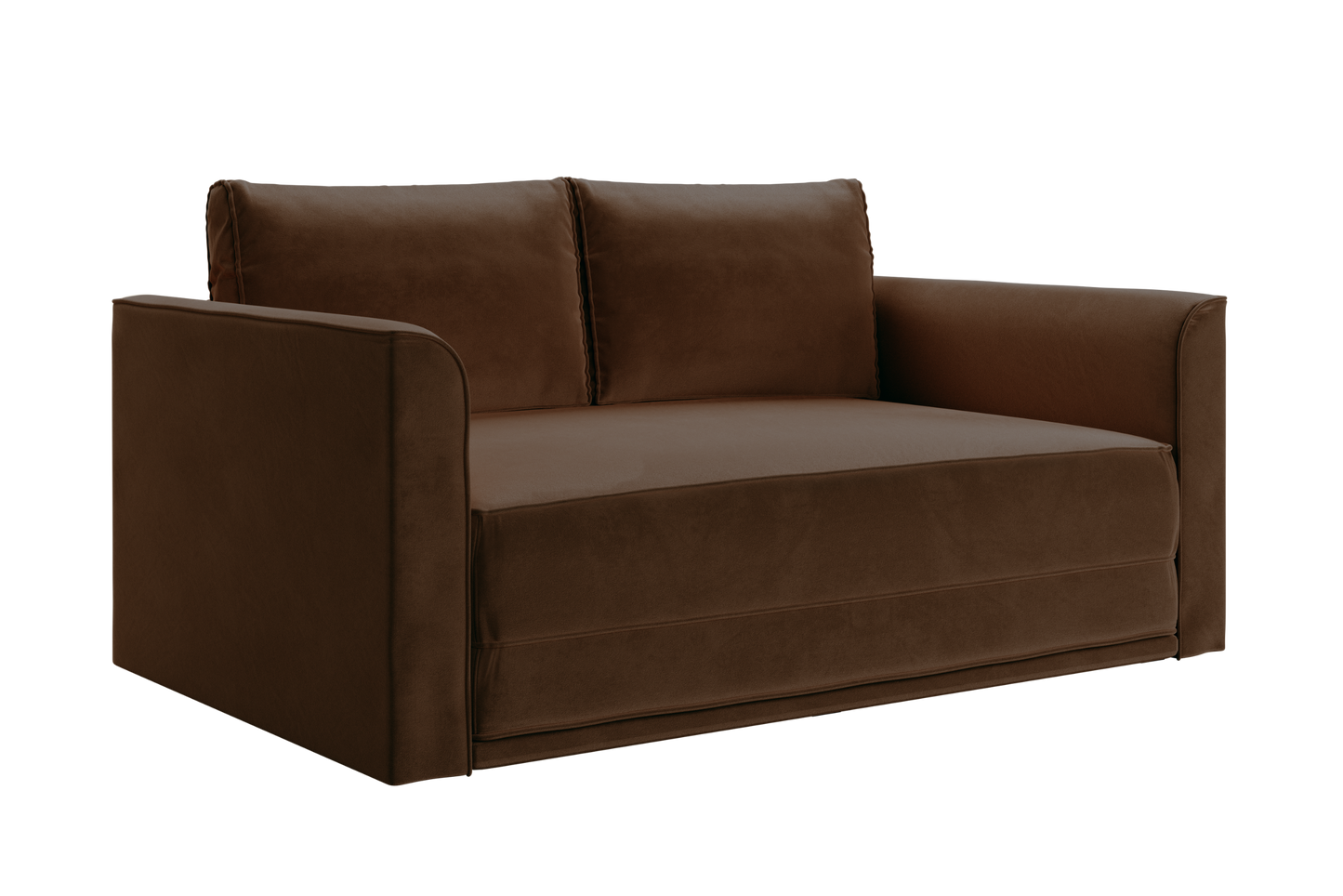 The Eclipse Sofa in Recycled Velvet is a brown, two-seater with square armrests and cushioned backrests. Upholstered in smooth velvet, it features a simple, modern design and offers comfortable seating.