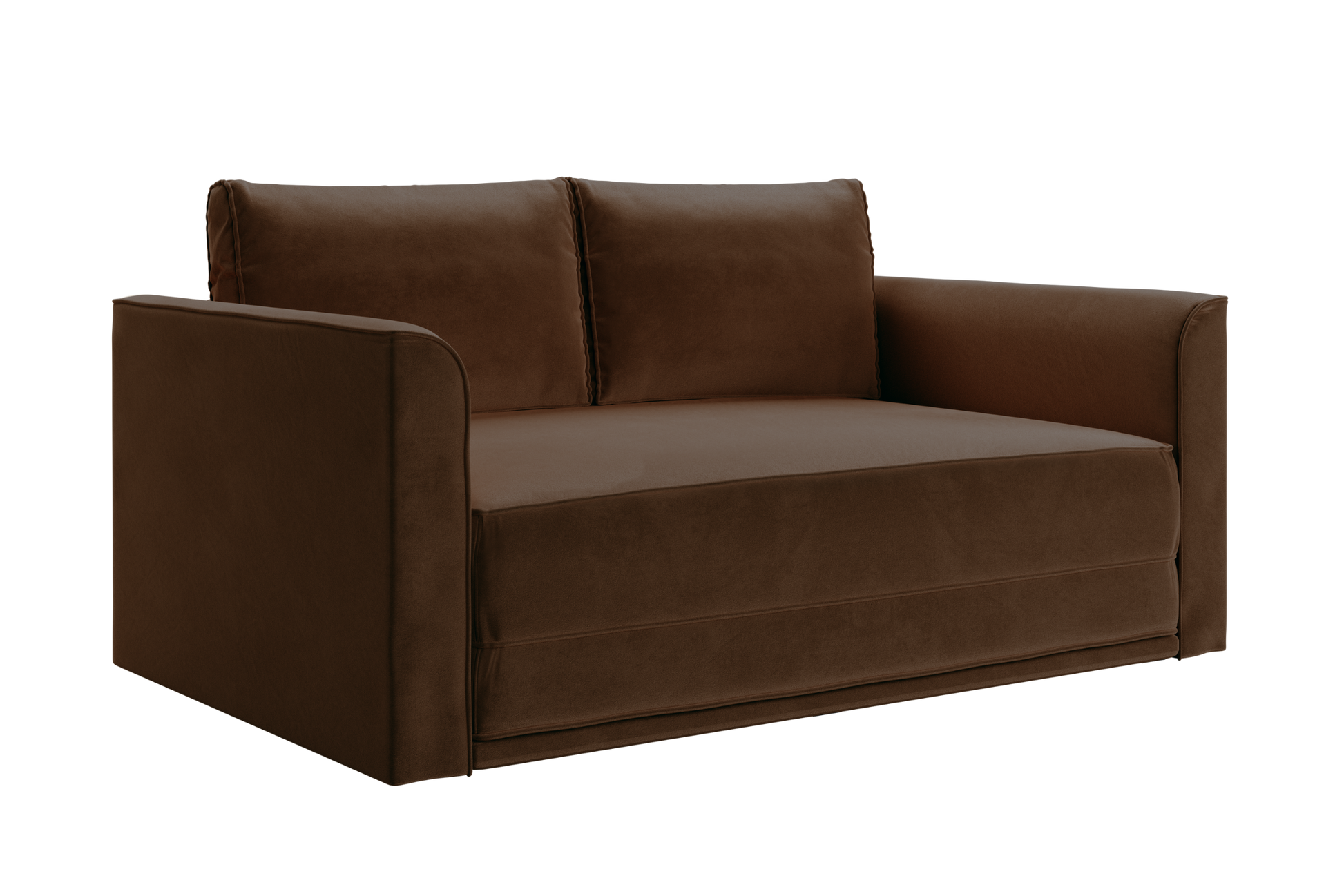 The Eclipse Sofa in Recycled Velvet is a brown, two-seater with square armrests and cushioned backrests. Upholstered in smooth velvet, it features a simple, modern design and offers comfortable seating.